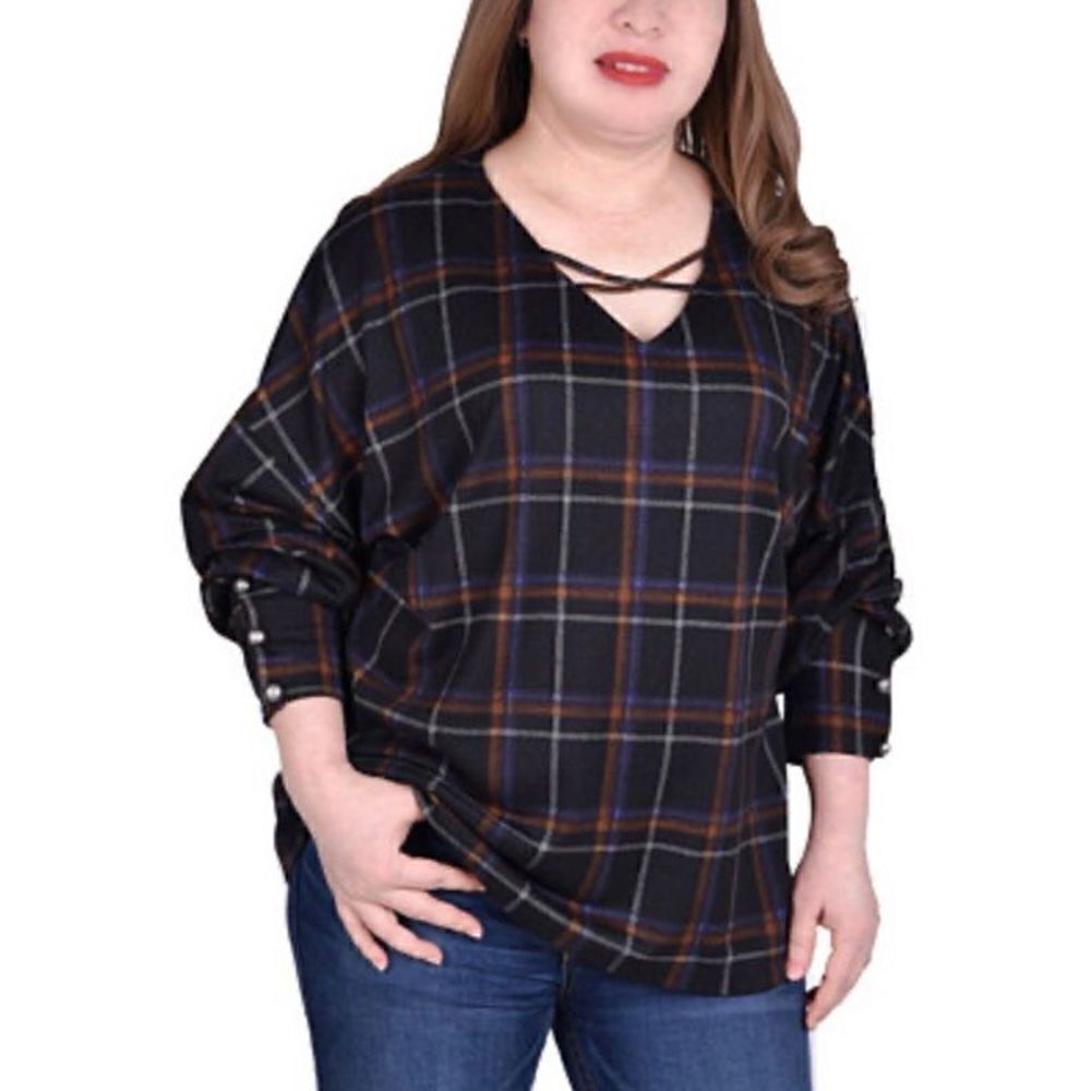 NY COLLECTION - NWT - L Sz 1X Long-Sleeve, Plaid, Cris-Cross Top w/Button Cuffs - Picture 2 of 15